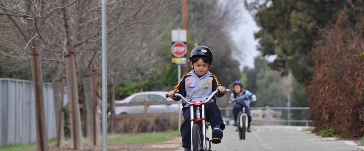 Young dark haired boy riding bike on a paved path, girl on bike behind him