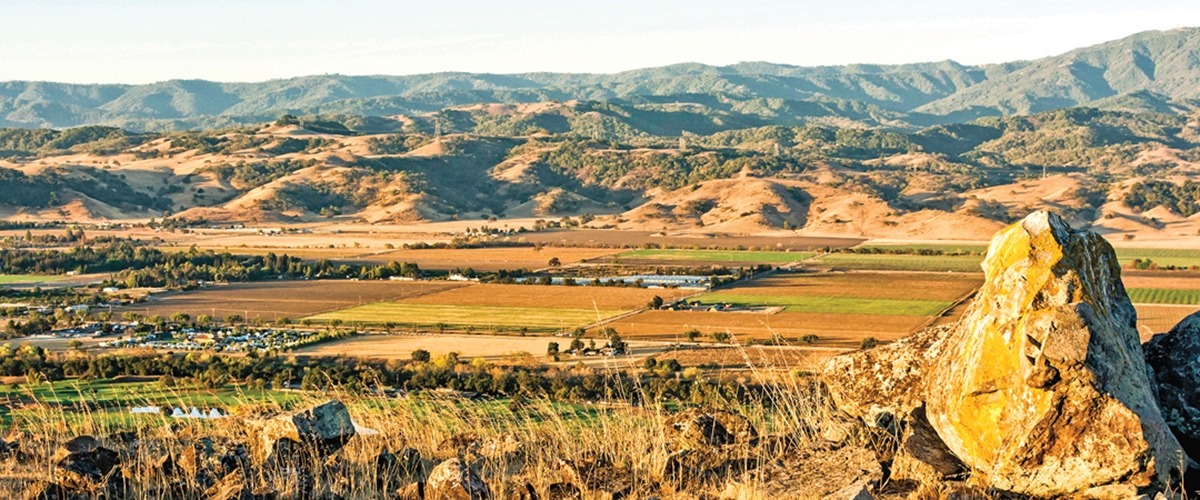 Looking down from a rock-covered hilltop at an expansive view of Coyote Valley's agricultural fields, the Santa Cruz foothills and mountains in the distance