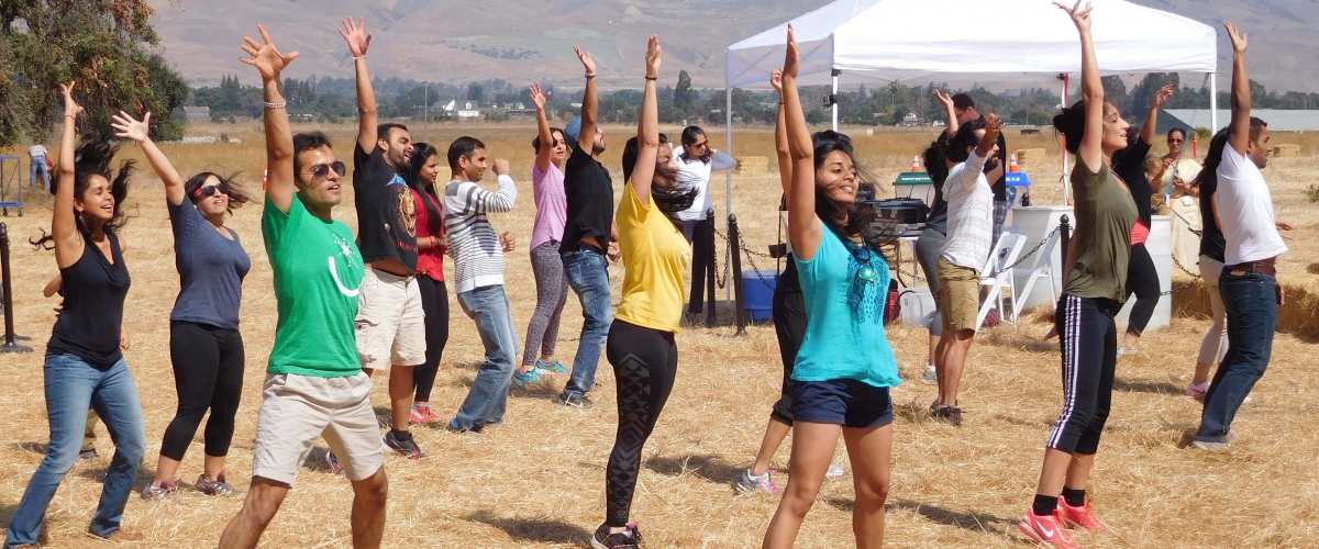 Group of dancers in grassy field at community event